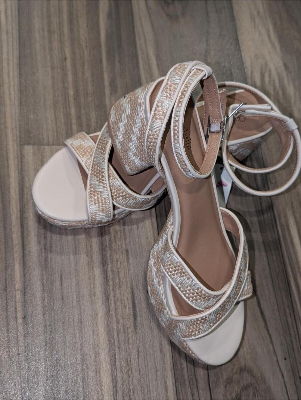 Ophelia Roe Women's Beige Woven Ankle Strap Heeled Sandals